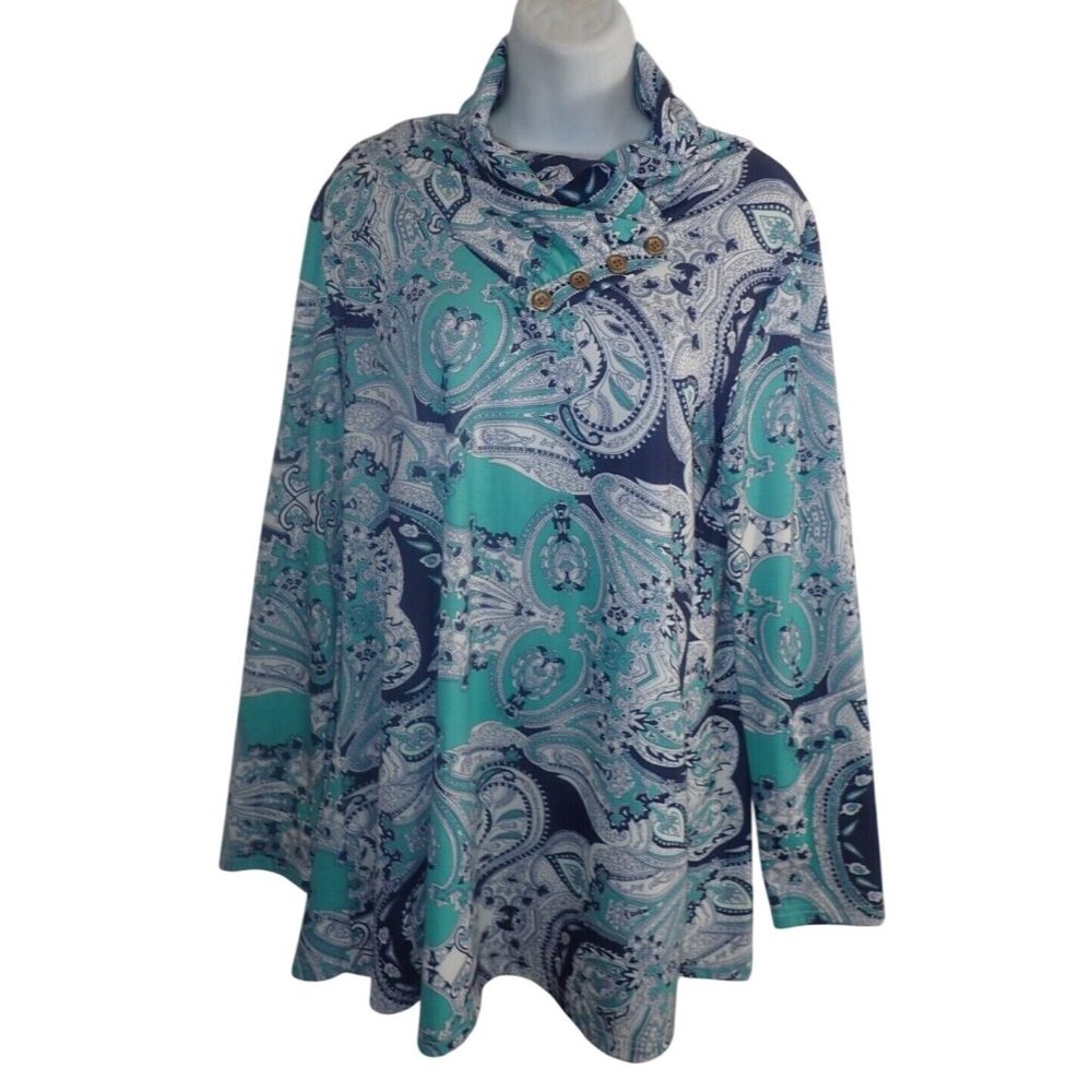 Miusey Women's L Cowl Neck Casual Tunic Top Blouse‎ Blue Paisley Swing Boho